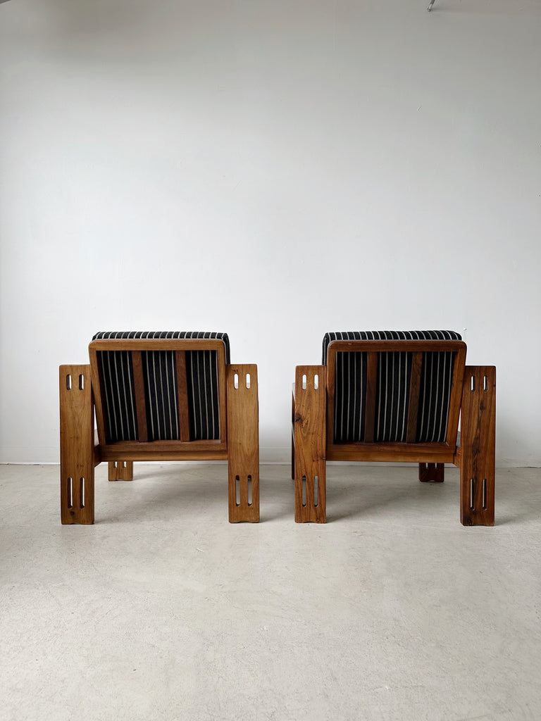 TEAK ARMCHAIRS WITH BLACK & WHITE STRIPED VELVET UPHOLSTERY