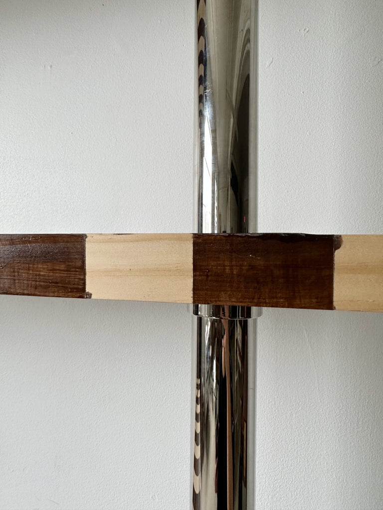 CHROME PIPE & STRIPED WOOD WALL MOUNT BOOKSHELF