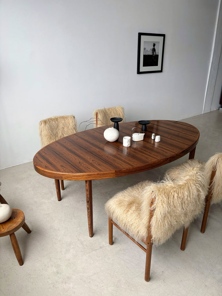 TEAK & MONGOLIAN LAMB FUR DINING CHAIRS, SET OF 4