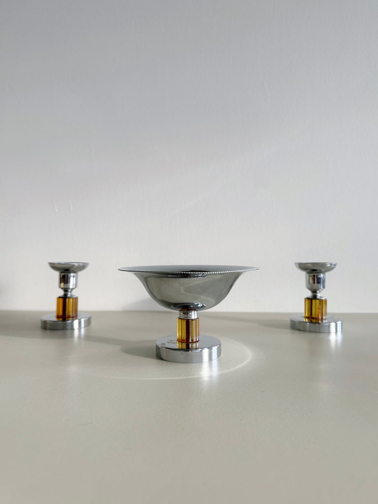 ART DECO CHROME AND BAKELITE BOWL & CANDLE HOLDERS, 40's