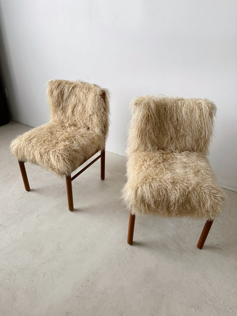 TEAK & MONGOLIAN LAMB FUR DINING CHAIRS, SET OF 4