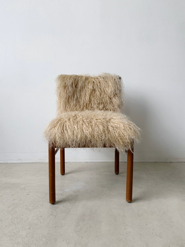 TEAK & MONGOLIAN LAMB FUR DINING CHAIRS, SET OF 4