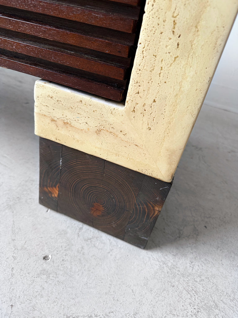 TRAVERTINE & WOOD CONSOLE/MEDIA TABLE
