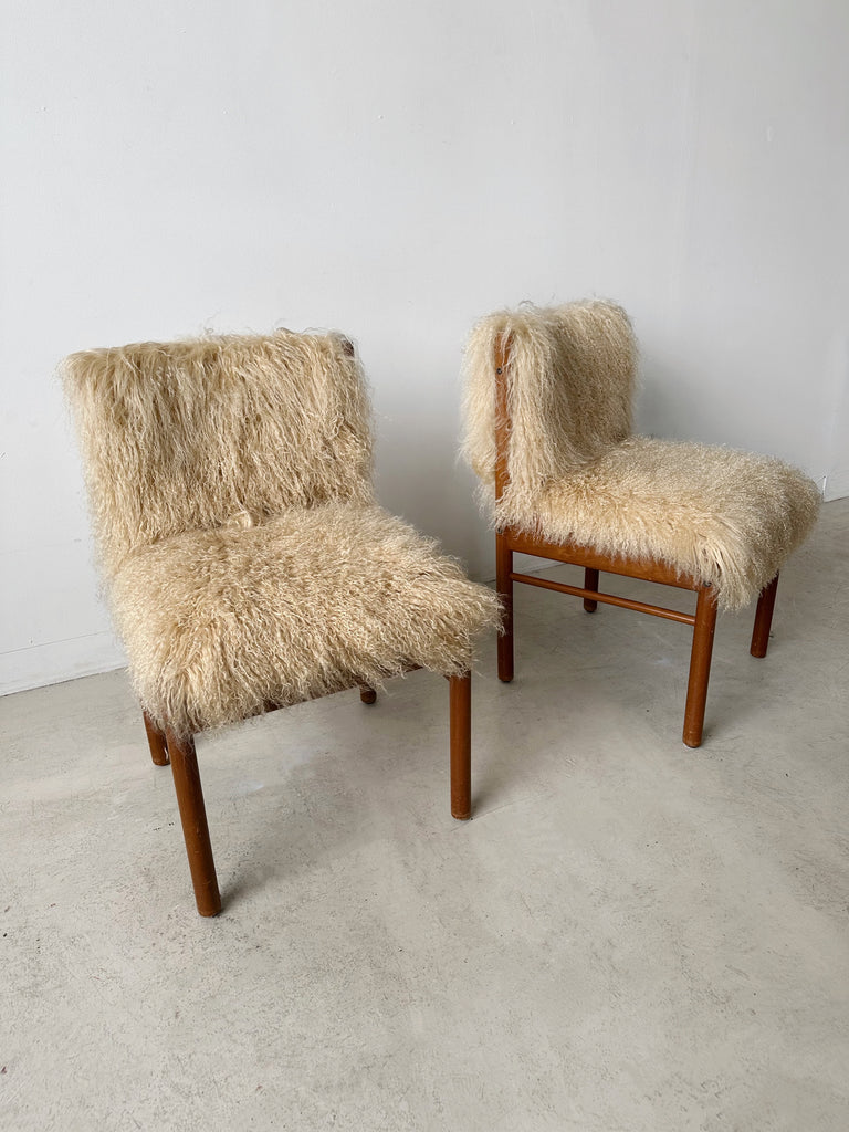 TEAK & MONGOLIAN LAMB FUR DINING CHAIRS, SET OF 4