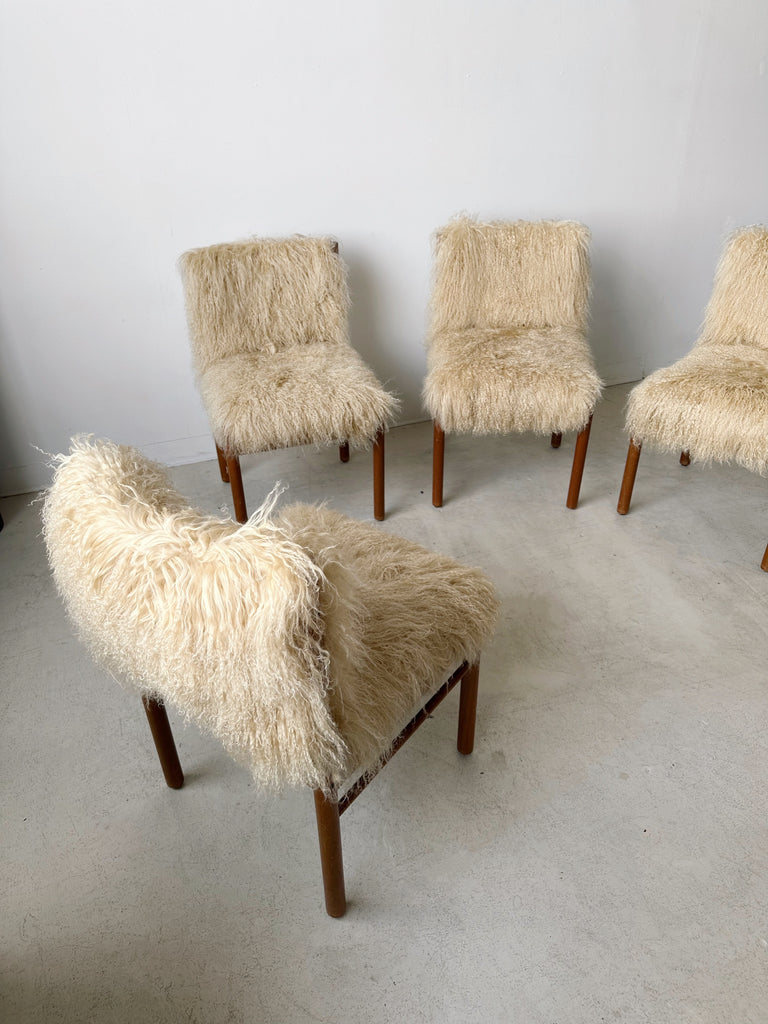 TEAK & MONGOLIAN LAMB FUR DINING CHAIRS, SET OF 4