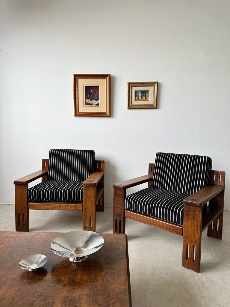 TEAK ARMCHAIRS WITH BLACK & WHITE STRIPED VELVET UPHOLSTERY