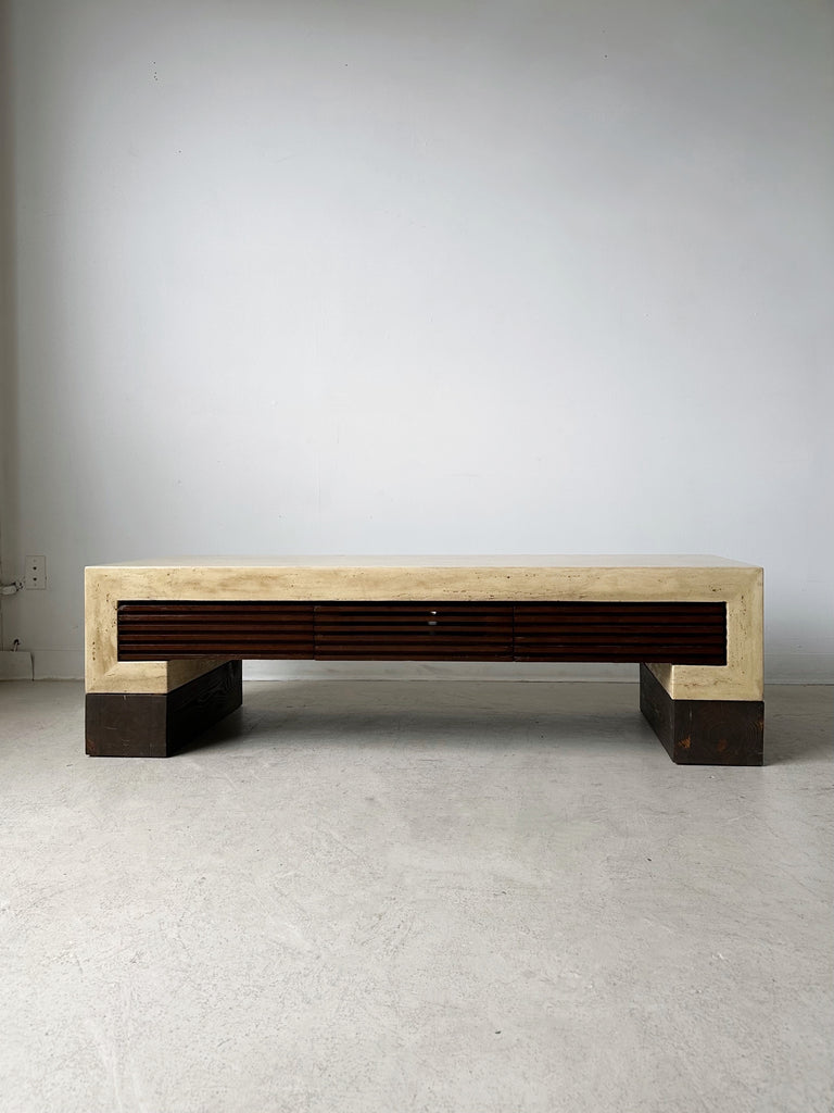 TRAVERTINE & WOOD CONSOLE/MEDIA TABLE