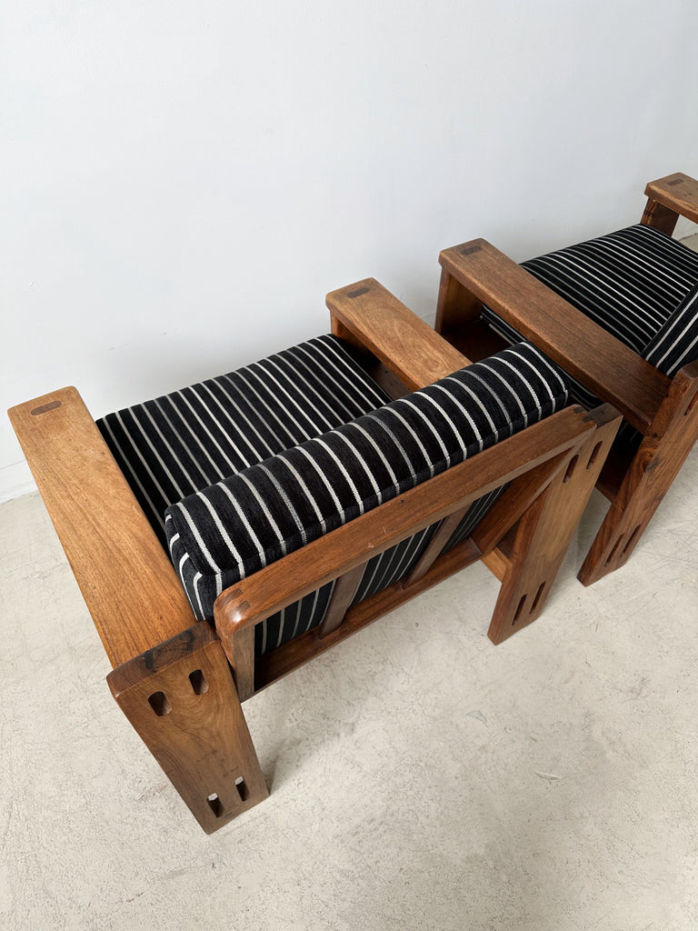 TEAK ARMCHAIRS WITH BLACK & WHITE STRIPED VELVET UPHOLSTERY