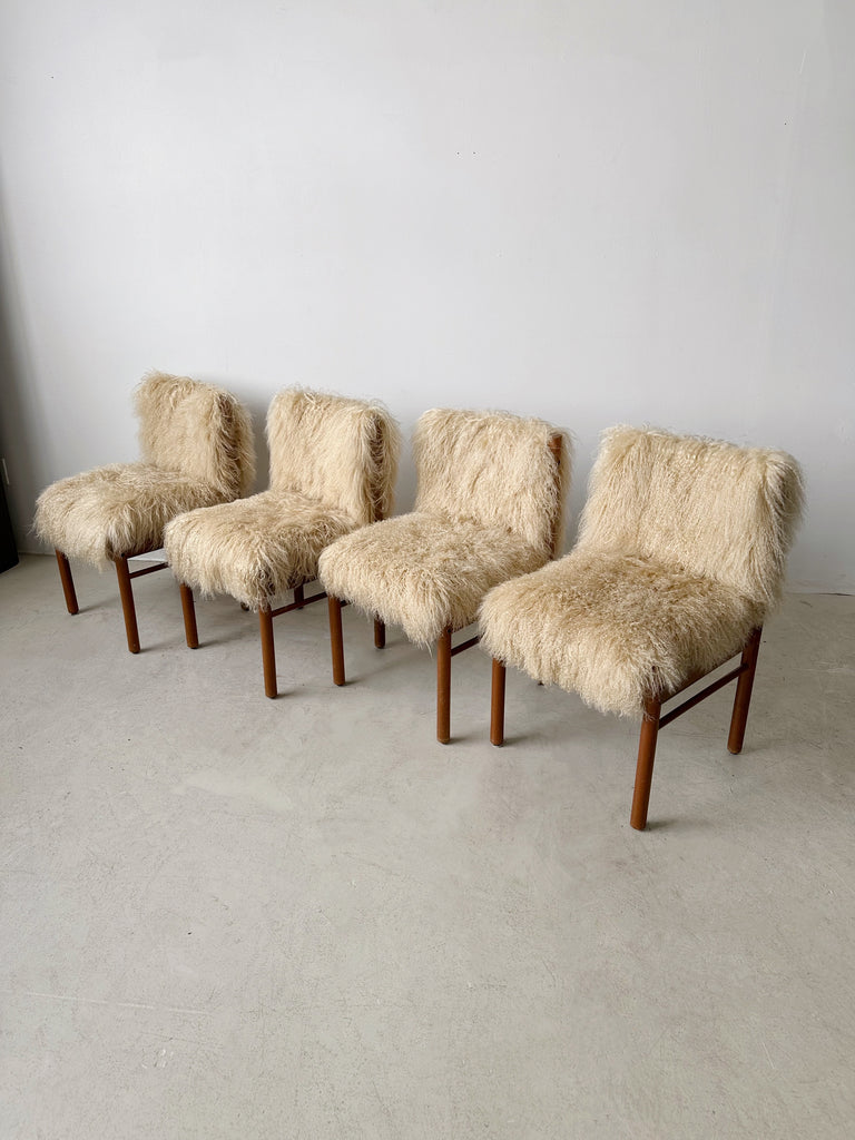 TEAK & MONGOLIAN LAMB FUR DINING CHAIRS, SET OF 4