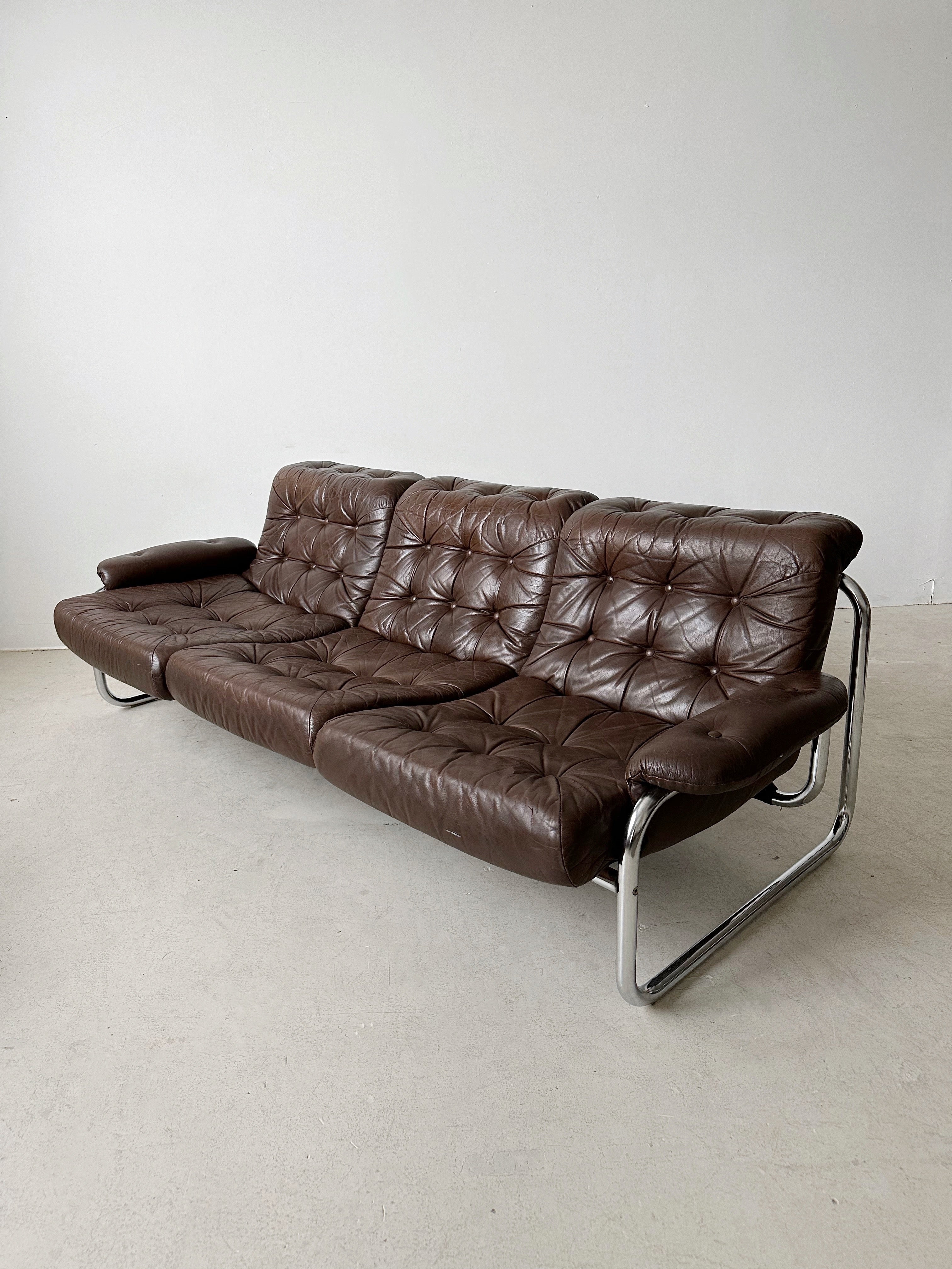 CHROME & BROWN LEATHER BORKUM SOFA BY JOHAN BERTIL HÄGGSTRÖM FOR