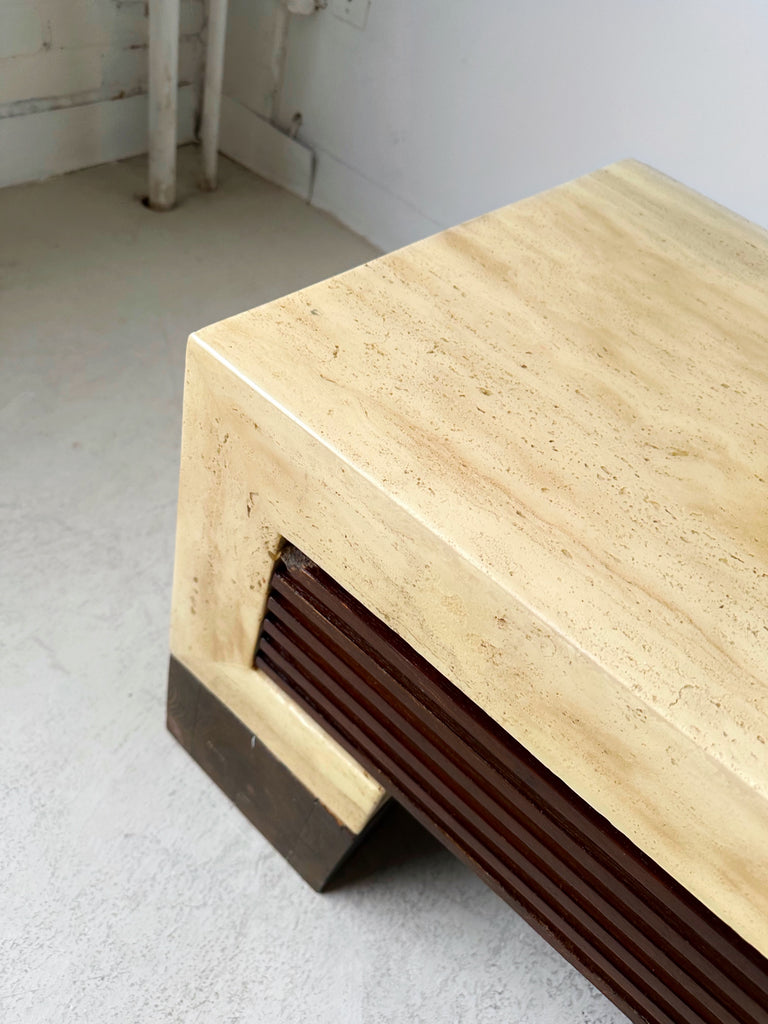 TRAVERTINE & WOOD CONSOLE/MEDIA TABLE