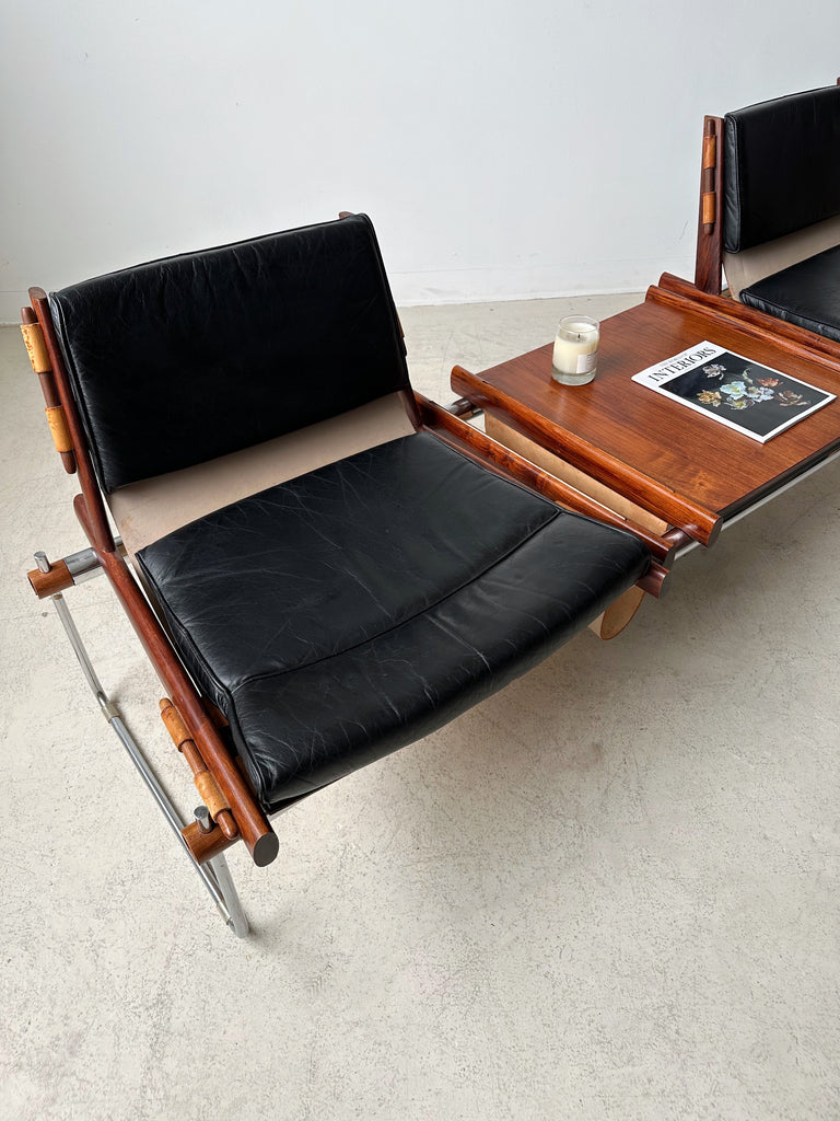 JACARANDA & BLACK LEATHER MP-123 MODULAR TWO SEAT BENCH BY PERCIVAL LAFER, 60's
