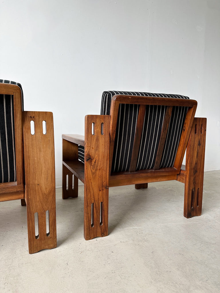 TEAK ARMCHAIRS WITH BLACK & WHITE STRIPED VELVET UPHOLSTERY