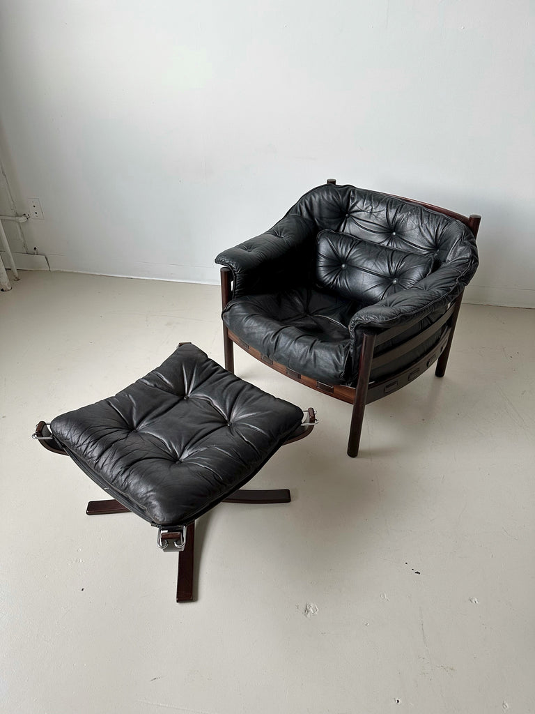 WOOD & LEATHER ARMCHAIR AND OTTOMAN SET BY SVEN ELLEKAER FOR COJA, 60's