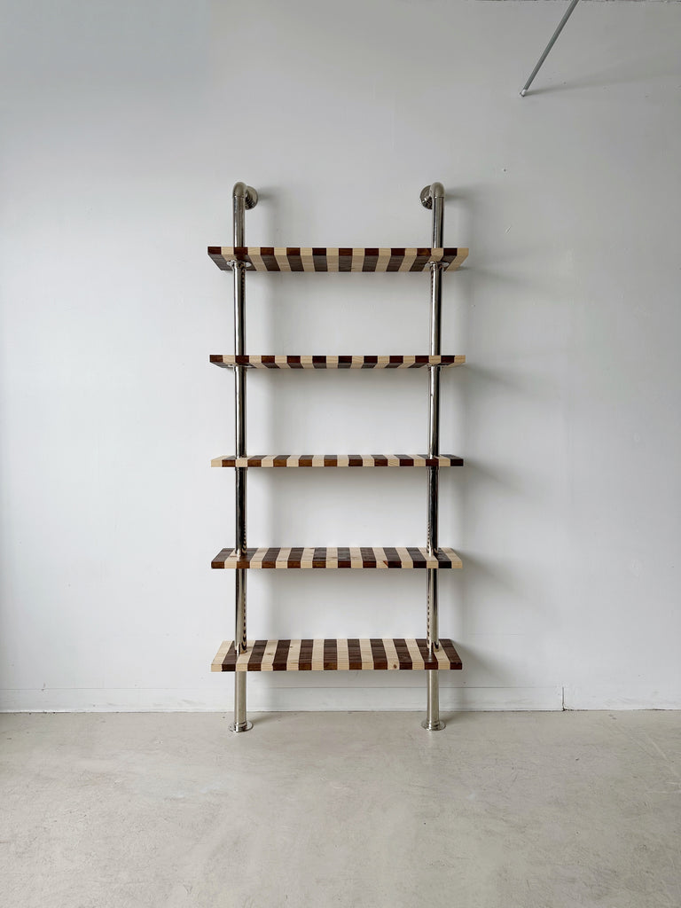 CHROME PIPE & STRIPED WOOD WALL MOUNT BOOKSHELF