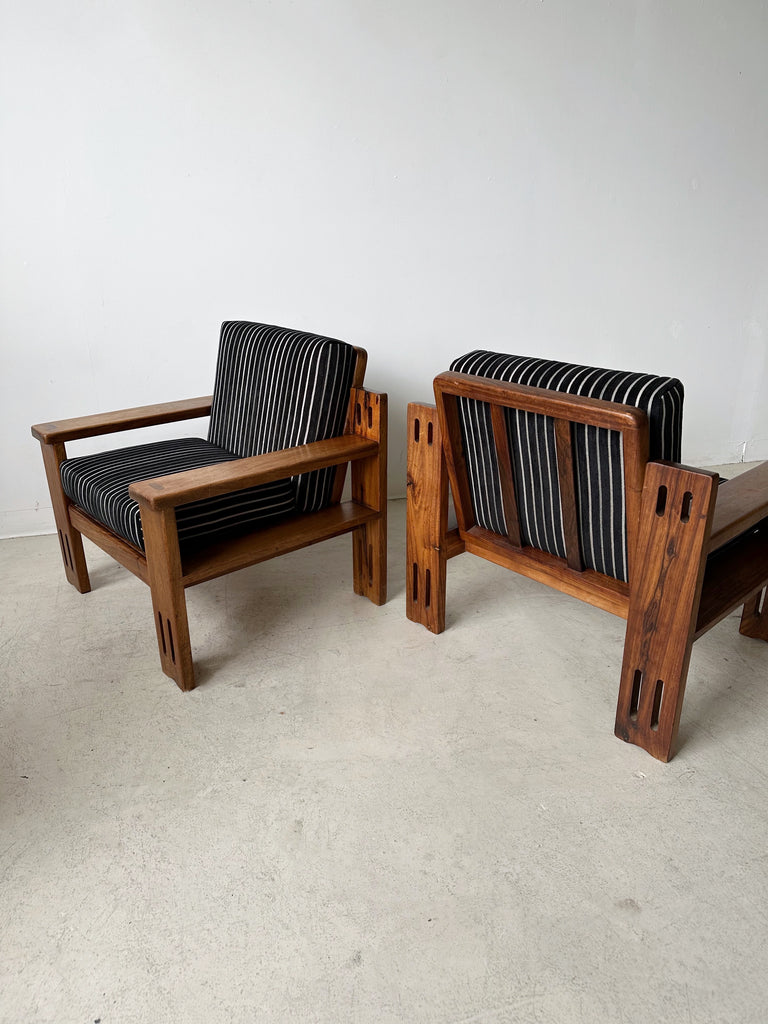 TEAK ARMCHAIRS WITH BLACK & WHITE STRIPED VELVET UPHOLSTERY