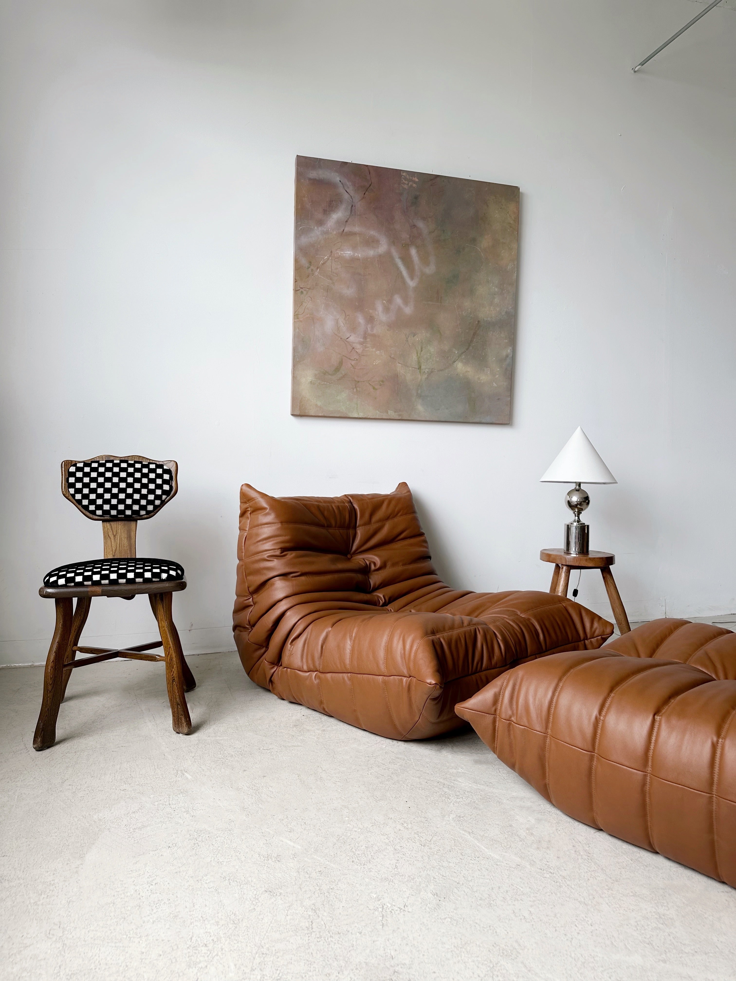 TAN LEATHER TOGO FIRESIDE CHAIR & OTTOMAN BY MICHEL DUCAROY FOR
