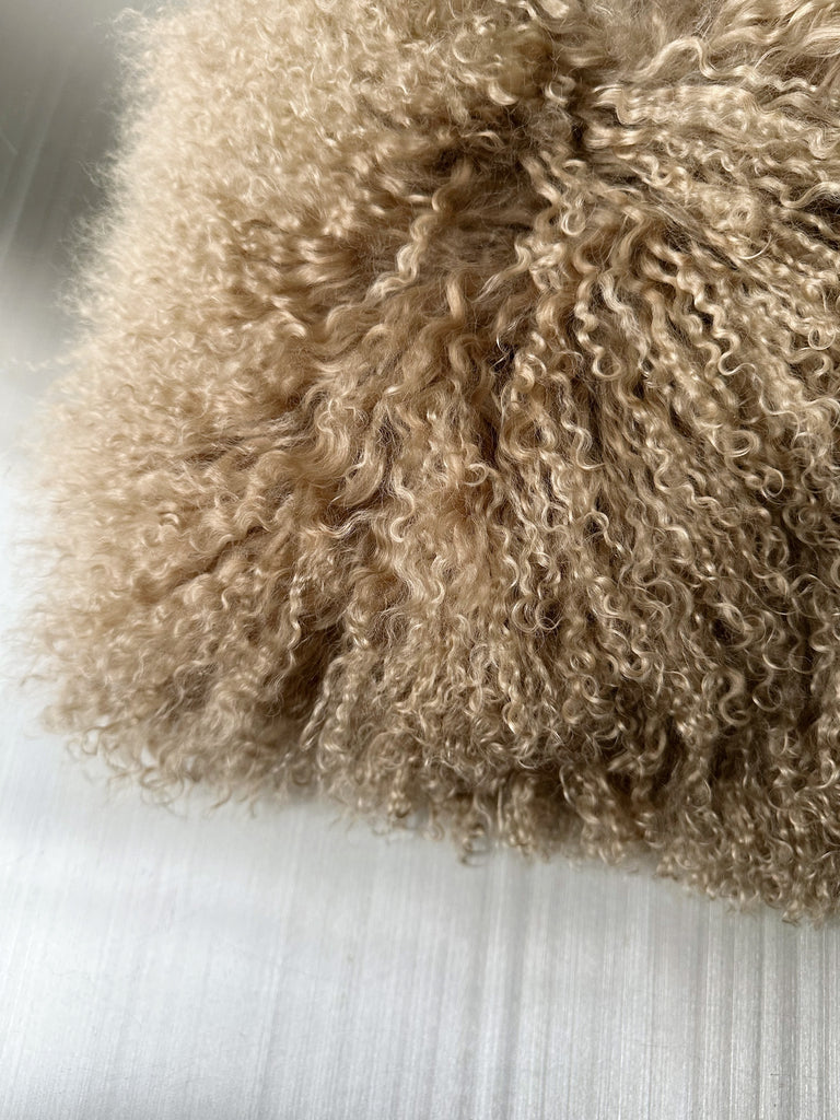 BEIGE MONGOLIAN LAMB FUR PILLOW, 12x20