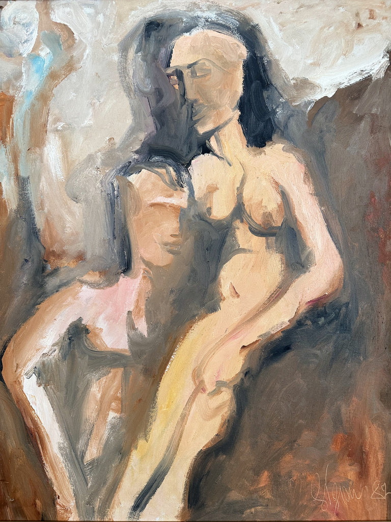 FRAMED EXPRESSIONIST NUDE PAINTING "EMBRACE", SIGNED 1989