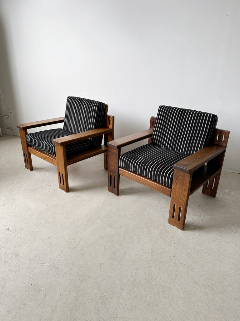 TEAK ARMCHAIRS WITH BLACK & WHITE STRIPED VELVET UPHOLSTERY