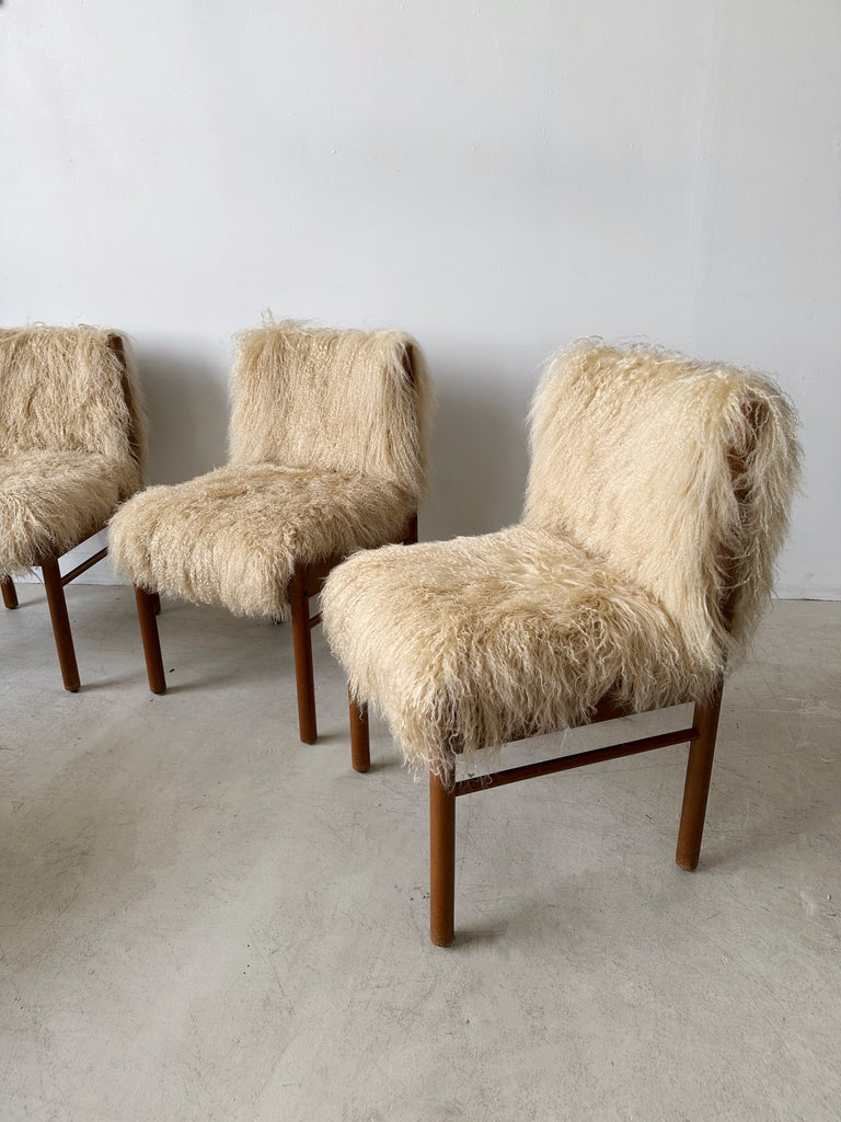 TEAK & MONGOLIAN LAMB FUR DINING CHAIRS, SET OF 4