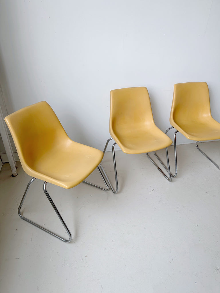 STACKABLE YELLOW PLASTIC & CHROME CHAIRS, SET OF 4
