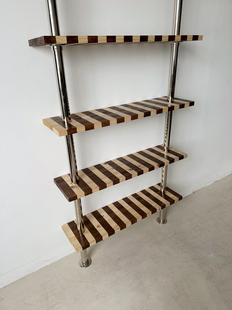 CHROME PIPE & STRIPED WOOD WALL MOUNT BOOKSHELF