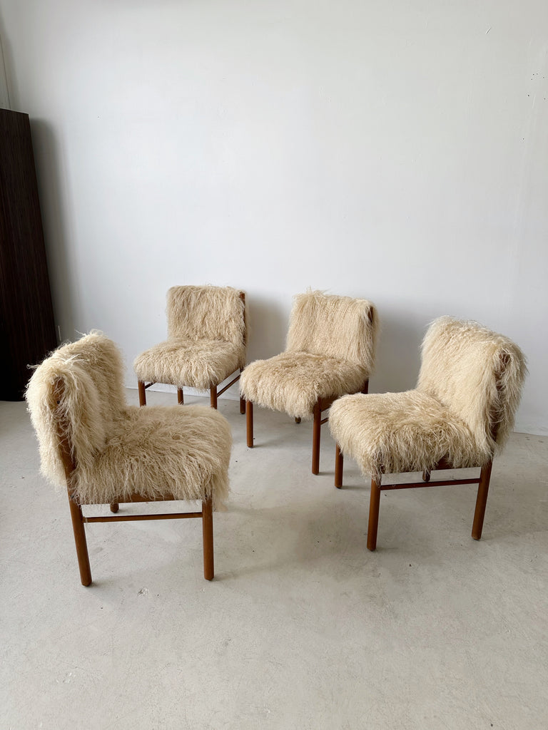 TEAK & MONGOLIAN LAMB FUR DINING CHAIRS, SET OF 4