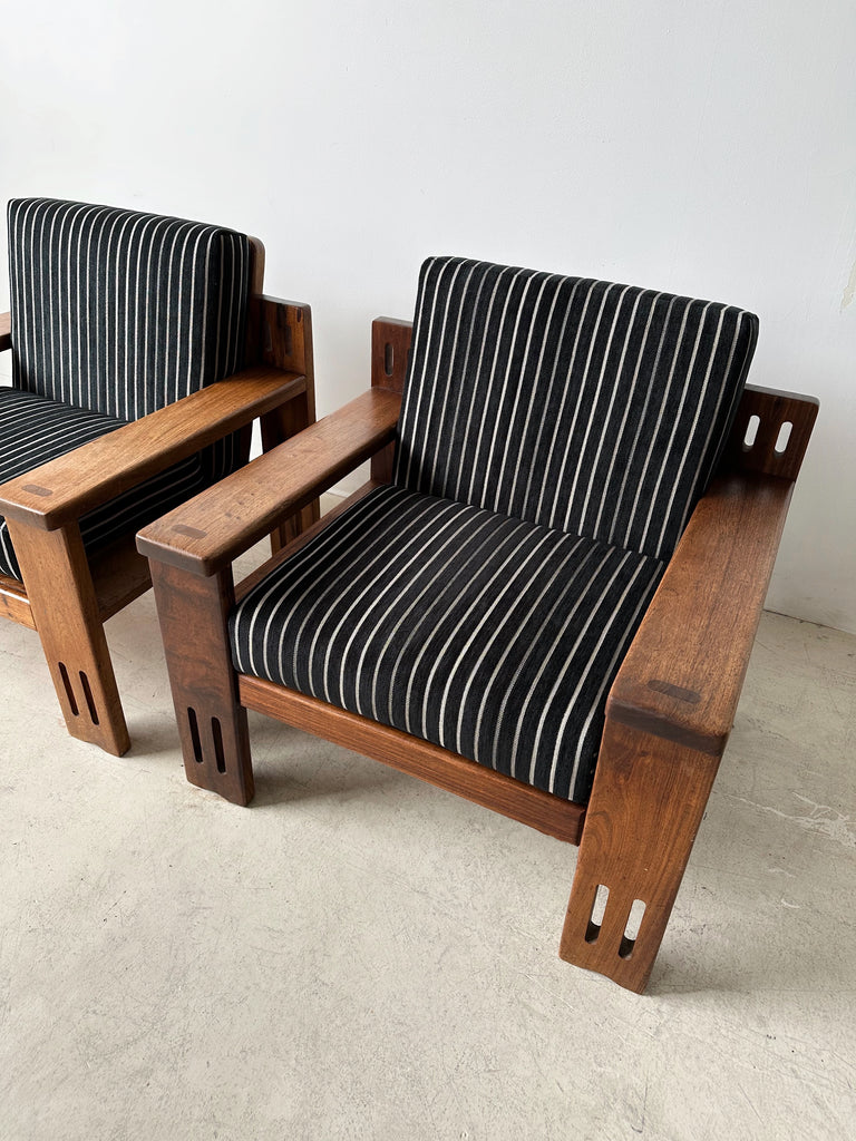 TEAK ARMCHAIRS WITH BLACK & WHITE STRIPED VELVET UPHOLSTERY