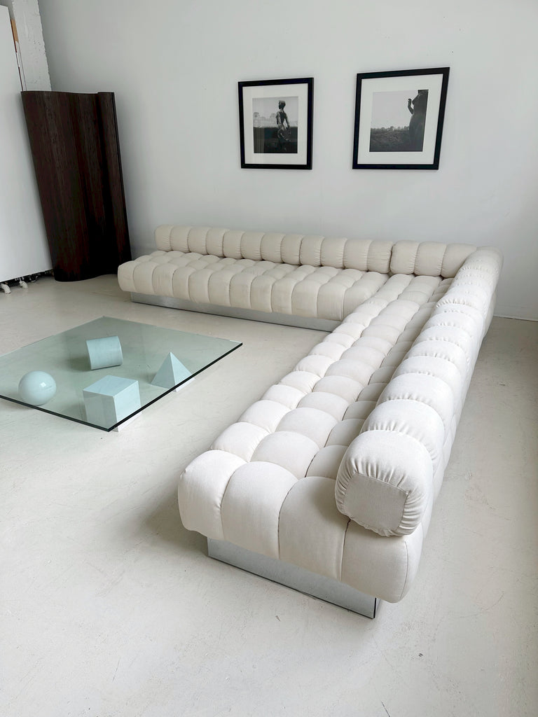 WHITE & CHROME DEEP TUFT MODULAR SECTIONAL SOFA BY HARVEY PROBBER, 70's