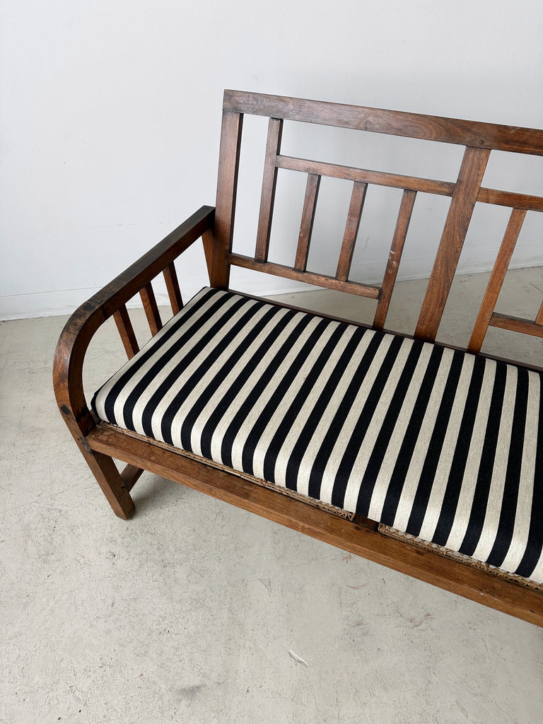 ANTIQUE ARTS AND CRAFTS WOOD & CANE BENCH WITH STRIPED SEAT CUSHION