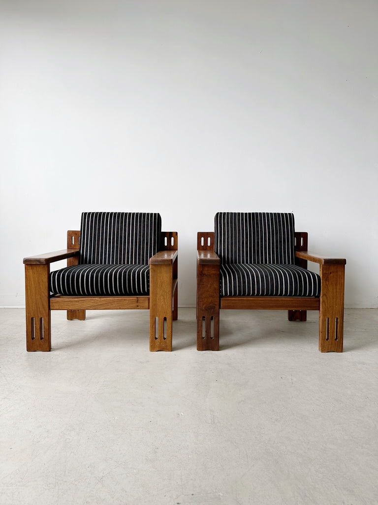 TEAK ARMCHAIRS WITH BLACK & WHITE STRIPED VELVET UPHOLSTERY