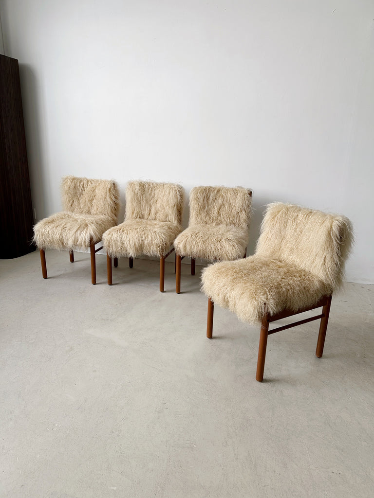 TEAK & MONGOLIAN LAMB FUR DINING CHAIRS, SET OF 4