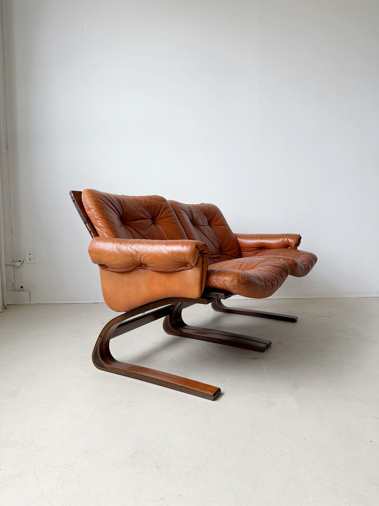 COGNAC LEATHER KENGU LOVESEAT BY ELSA & NORDAHL SOLHEIM FOR RYKKEN, 70's