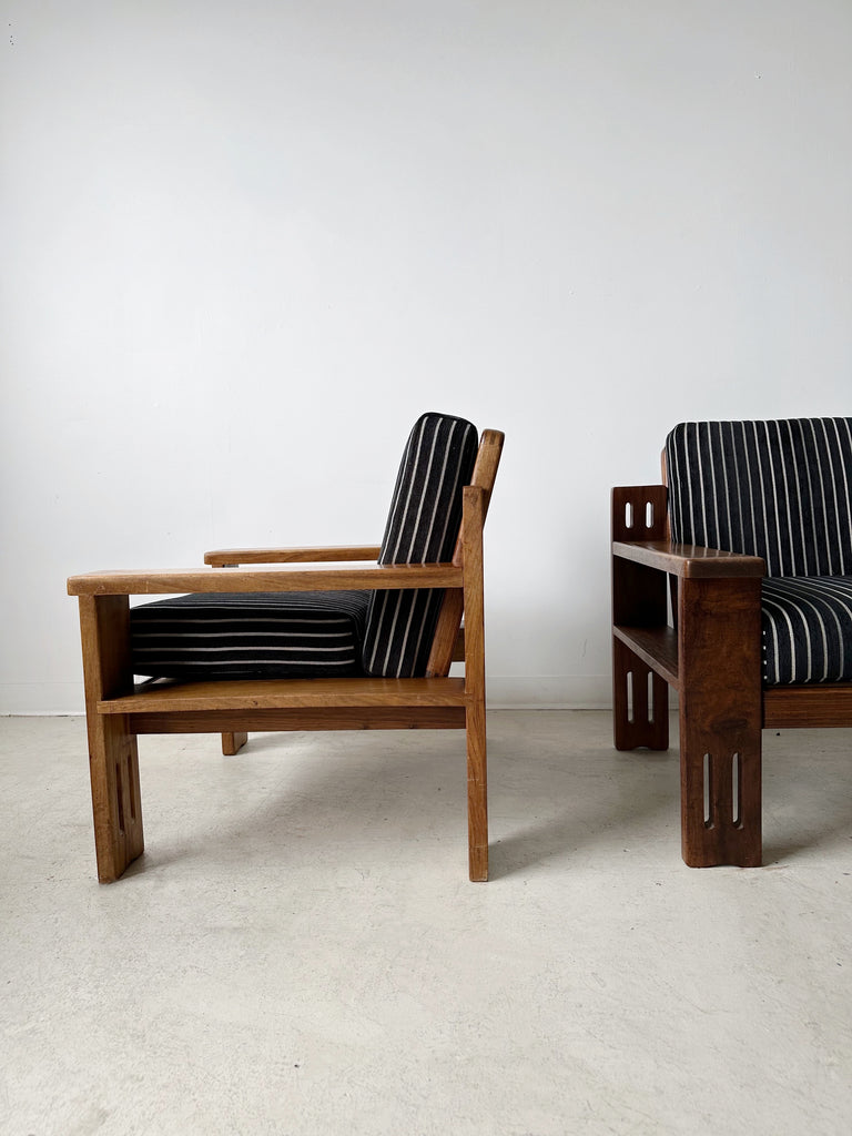 TEAK ARMCHAIRS WITH BLACK & WHITE STRIPED VELVET UPHOLSTERY