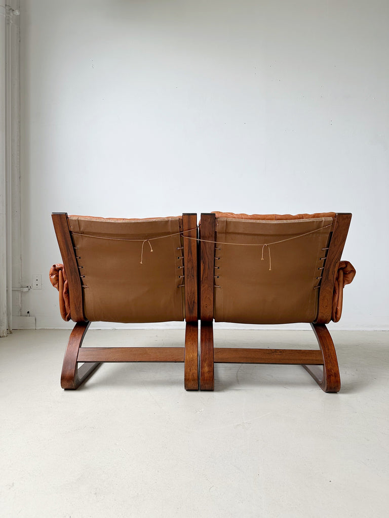 COGNAC LEATHER KENGU LOVESEAT BY ELSA & NORDAHL SOLHEIM FOR RYKKEN, 70's