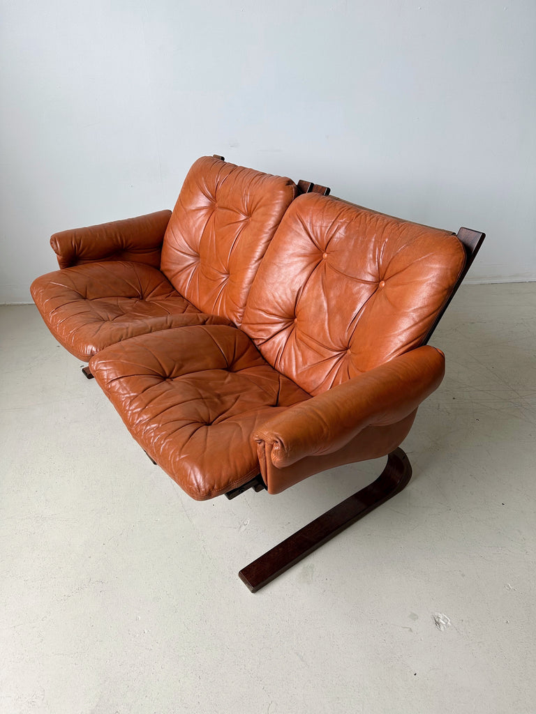 COGNAC LEATHER KENGU LOVESEAT BY ELSA & NORDAHL SOLHEIM FOR RYKKEN, 70's