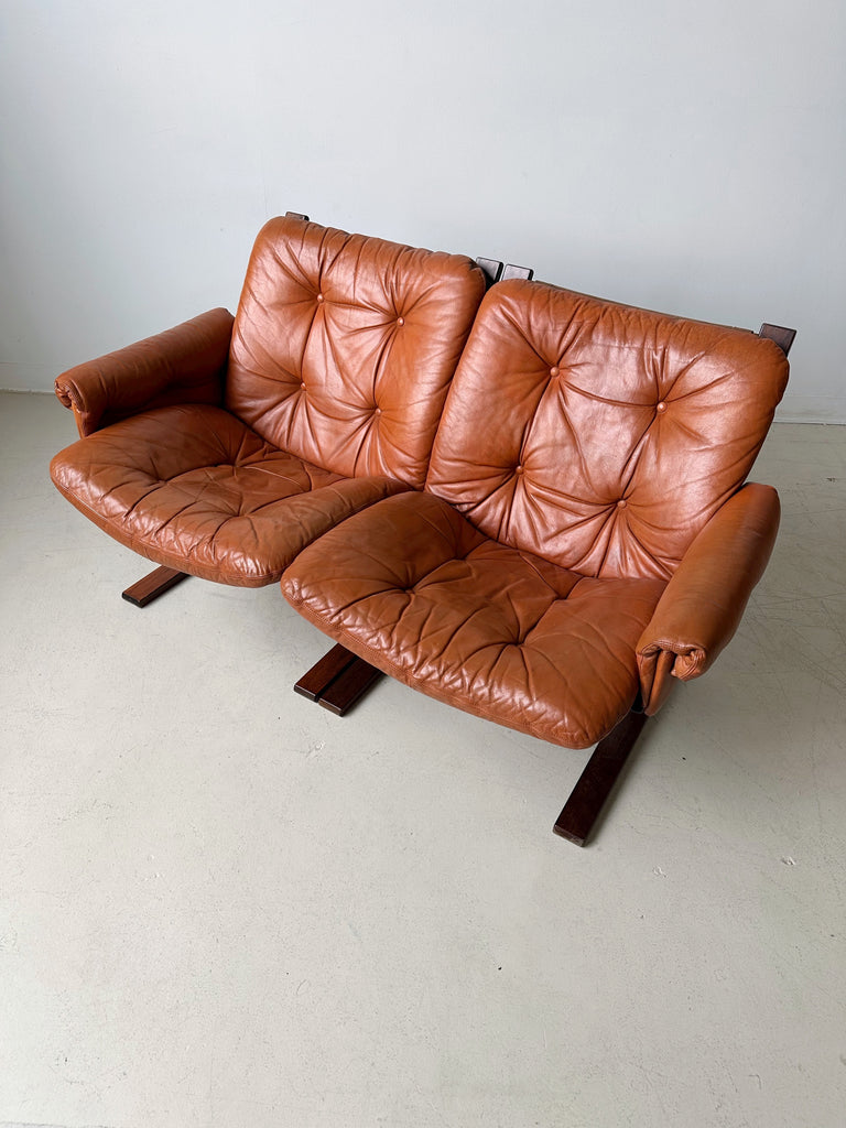 COGNAC LEATHER KENGU LOVESEAT BY ELSA & NORDAHL SOLHEIM FOR RYKKEN, 70's