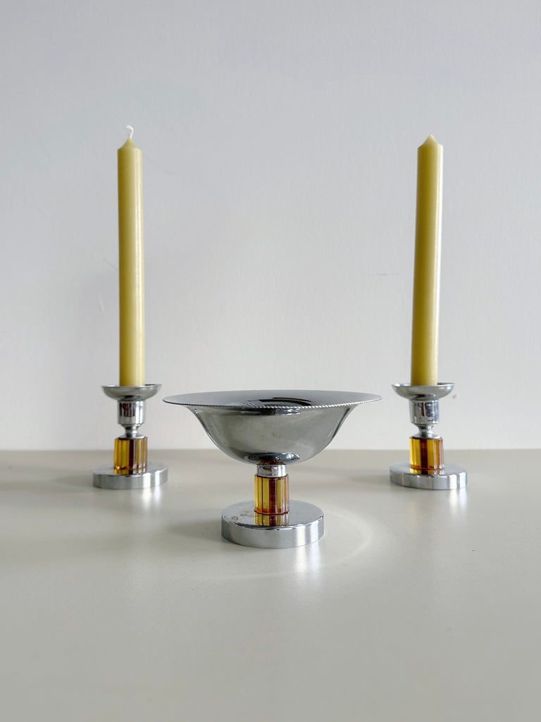 ART DECO CHROME AND BAKELITE BOWL & CANDLE HOLDERS, 40's