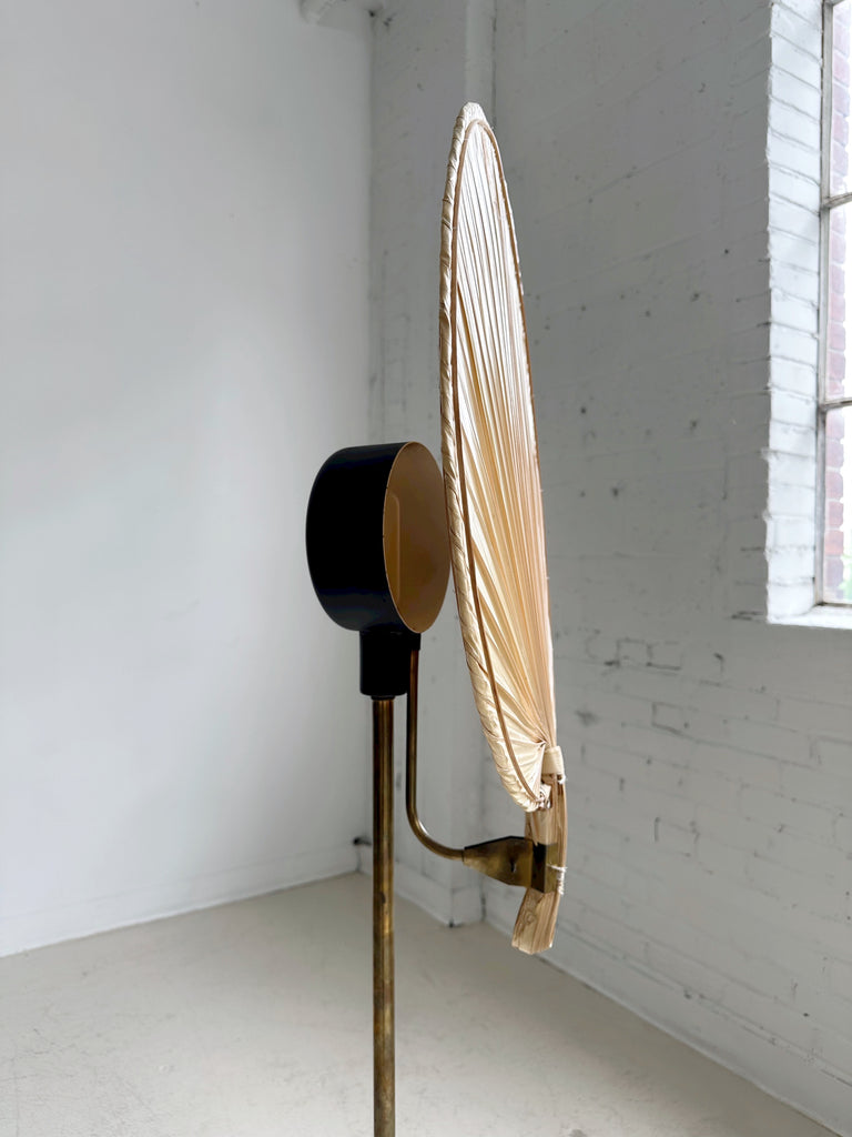 BRASS FLOOR LAMP WITH PALM LEAF SHADE IN THE STYLE OF INGO MAURER