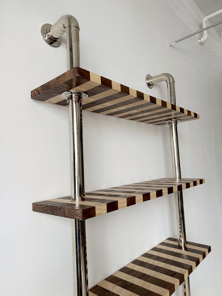 CHROME PIPE & STRIPED WOOD WALL MOUNT BOOKSHELF