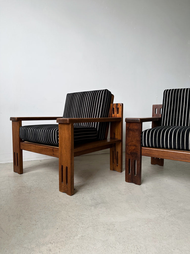 TEAK ARMCHAIRS WITH BLACK & WHITE STRIPED VELVET UPHOLSTERY