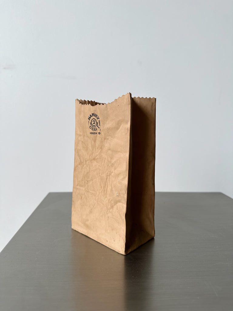 CERAMIC BROWN PAPER BAG VASE BY MICHAEL HARVEY, 80's