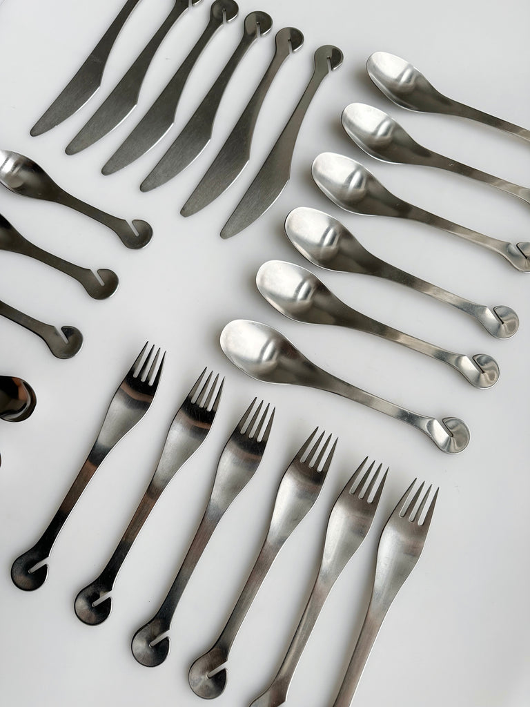 MODERNIST DANISH DKF LUNDTOFTE STAINLESS STEEL 24 PIECE FLATWARE SET, 70's