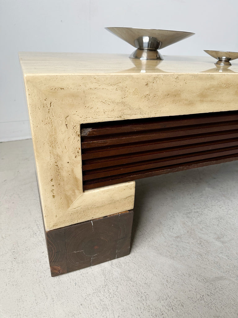 TRAVERTINE & WOOD CONSOLE/MEDIA TABLE