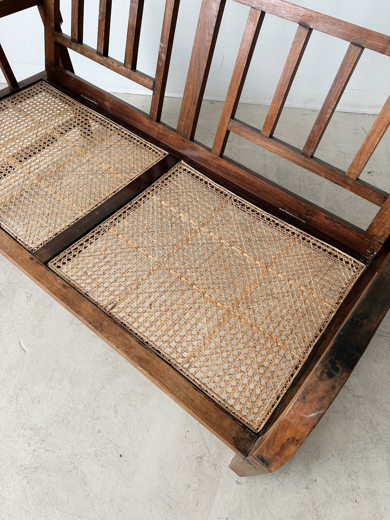 ANTIQUE ARTS AND CRAFTS WOOD & CANE BENCH WITH STRIPED SEAT CUSHION