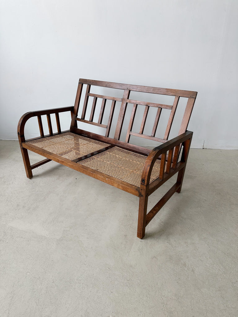 ANTIQUE ARTS AND CRAFTS WOOD & CANE BENCH WITH STRIPED SEAT CUSHION