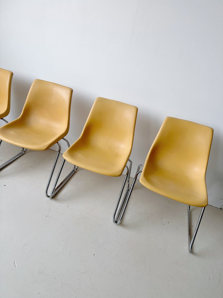 STACKABLE YELLOW PLASTIC & CHROME CHAIRS, SET OF 4