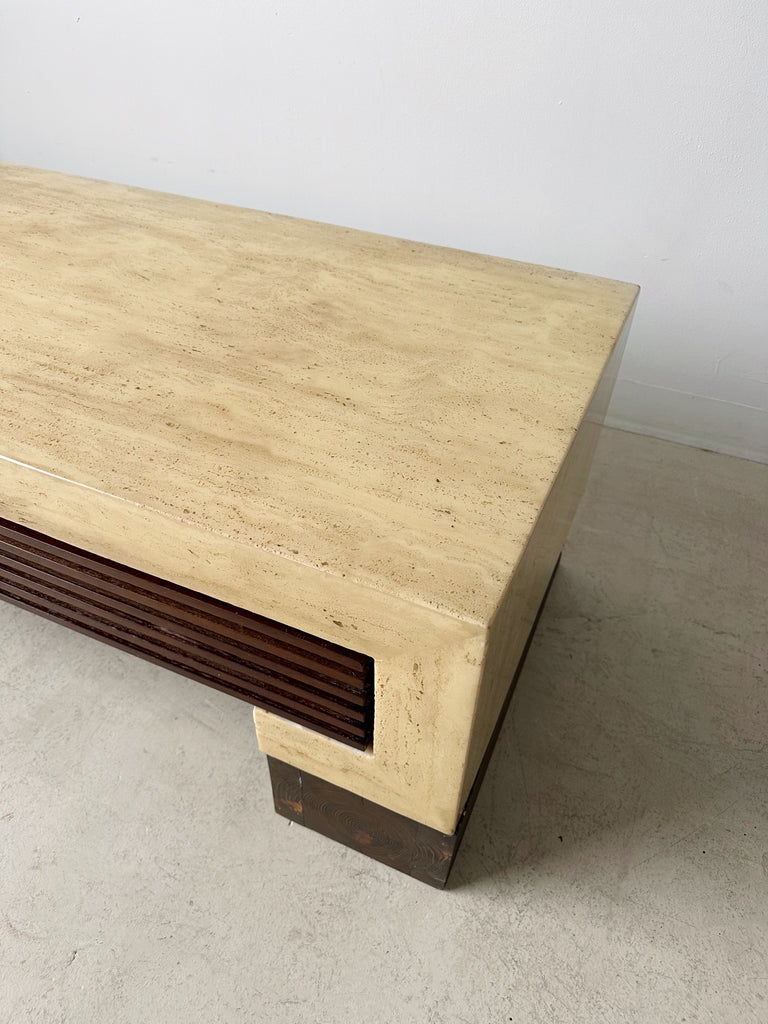 TRAVERTINE & WOOD CONSOLE/MEDIA TABLE