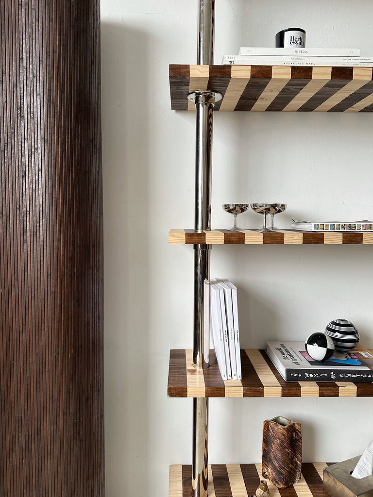 CHROME PIPE & STRIPED WOOD WALL MOUNT BOOKSHELF